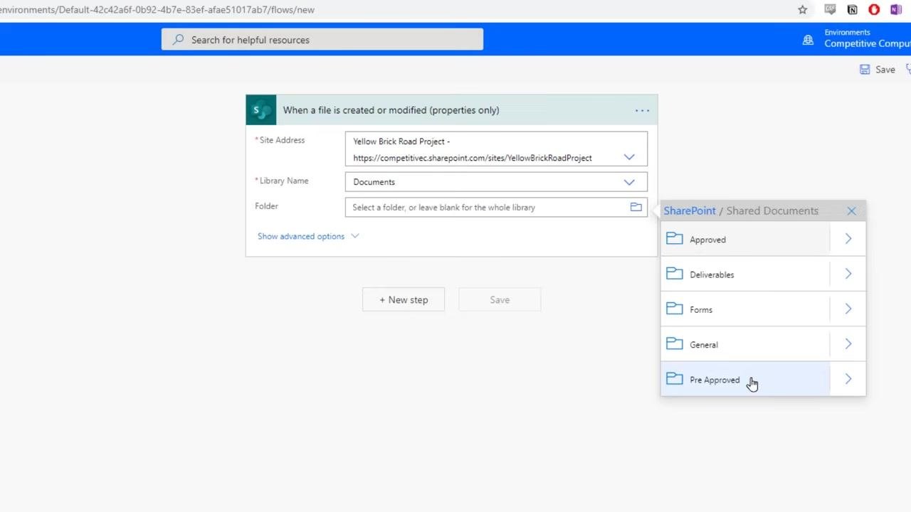 Folder selection dialog open, with Shared Documents highlighted among other folders like Lists and SiteAssets