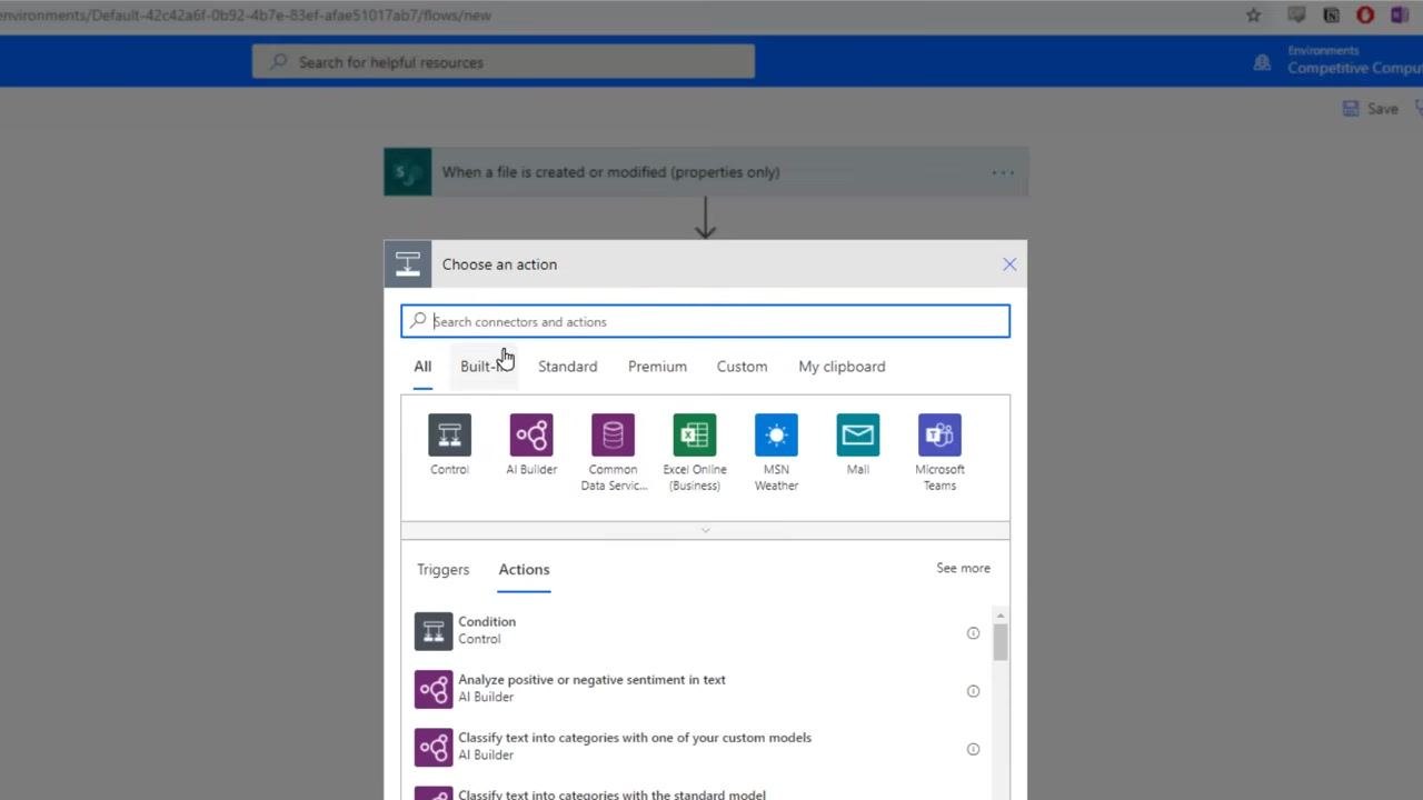 Power Automate action selection screen with search bar and connectors including Control, AI Builder, Excel Online, Mail, and Microsoft Teams