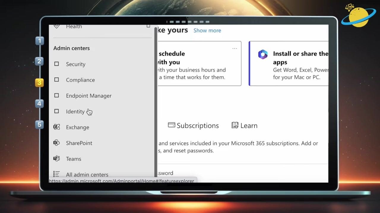 The Microsoft 365 Admin Center left navigation menu is open, showing options under Admin centers: Security, Compliance, Endpoint Manager, Identity, Exchange, SharePoint, and Teams. A cursor is pointing at "Identity".