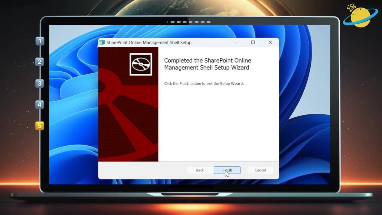 The SharePoint Online Management Shell Setup Wizard is open, displaying the message "Completed the SharePoint Online Management Shell Setup Wizard." The Finish button is highlighted.