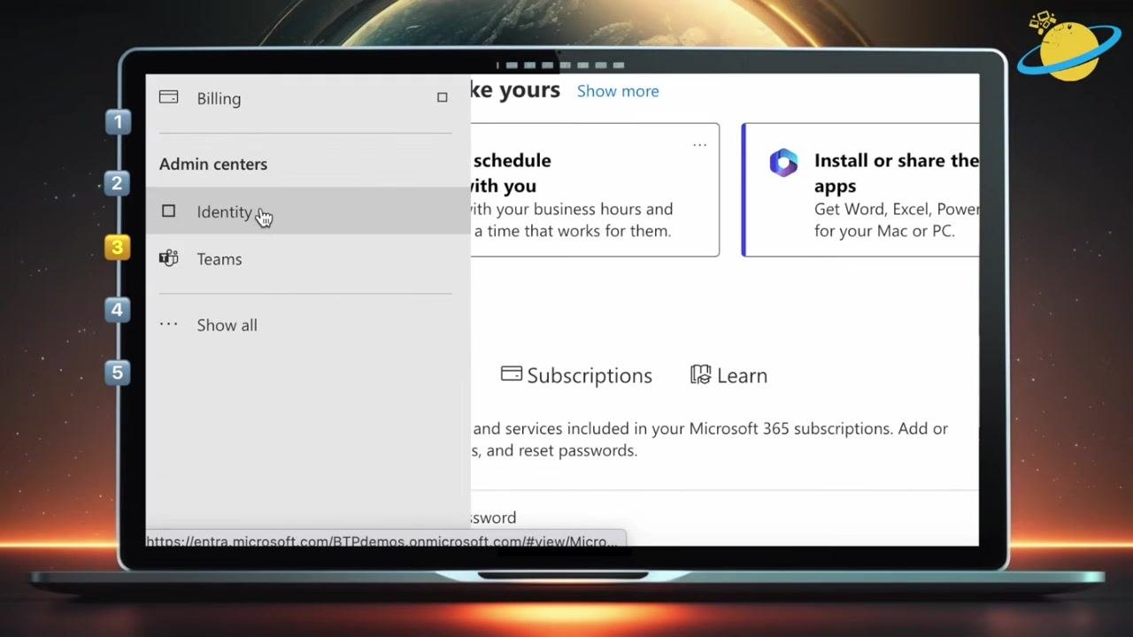 Admin Center navigation menu with options for Billing, Admin centers (Identity, Teams), and the "Show all" link highlighted.