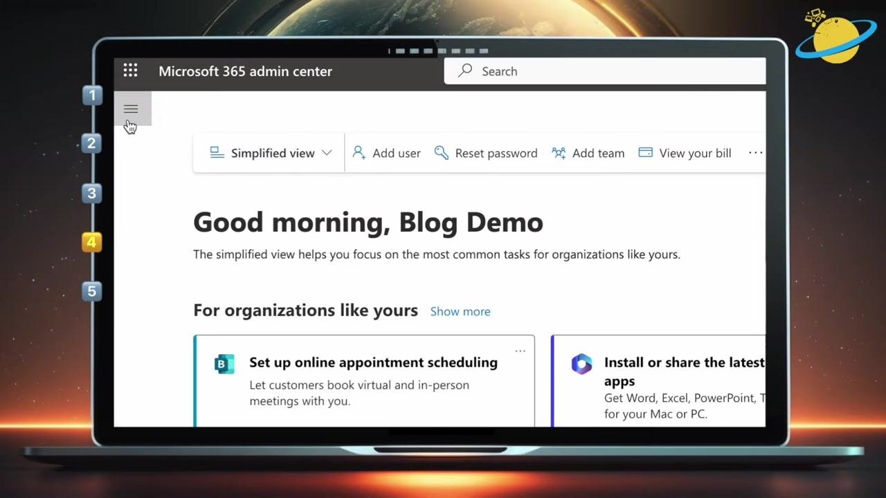 The Microsoft 365 Admin Center is open, showing the "Good morning, Blog Demo" dashboard. The menu icon is being clicked.