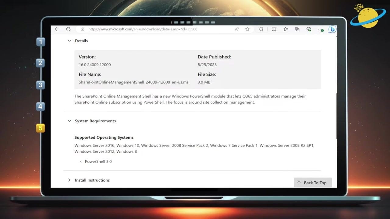 A close-up of the "Supported Operating Systems" section, listing Windows Server 2016, Windows 10, Windows Server 2008 Service Pack 2, Windows Server 2012, Windows 8, and PowerShell 3.0.