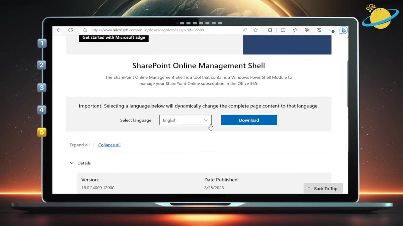 The SharePoint Online Management Shell download page with the "Select language" dropdown set to English and the "Download" button visible.