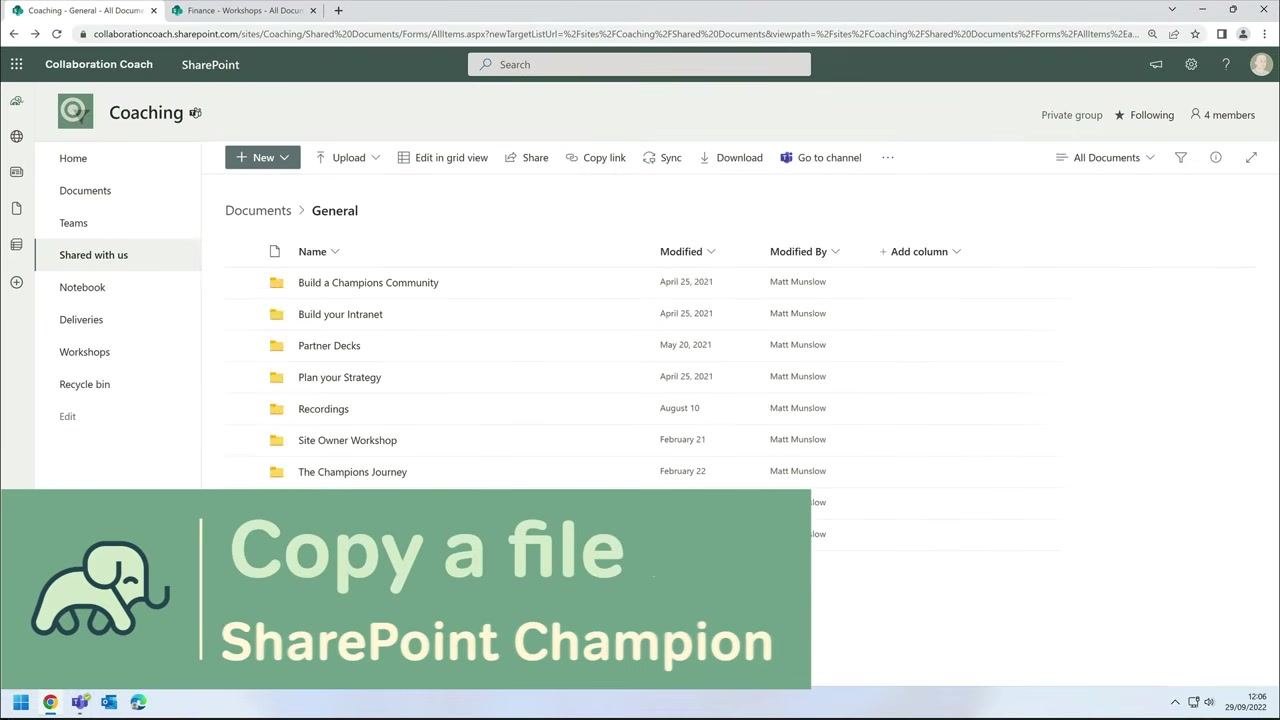 Context menu open on "Intranet Workshop.pptx", with "Copy to" option highlighted