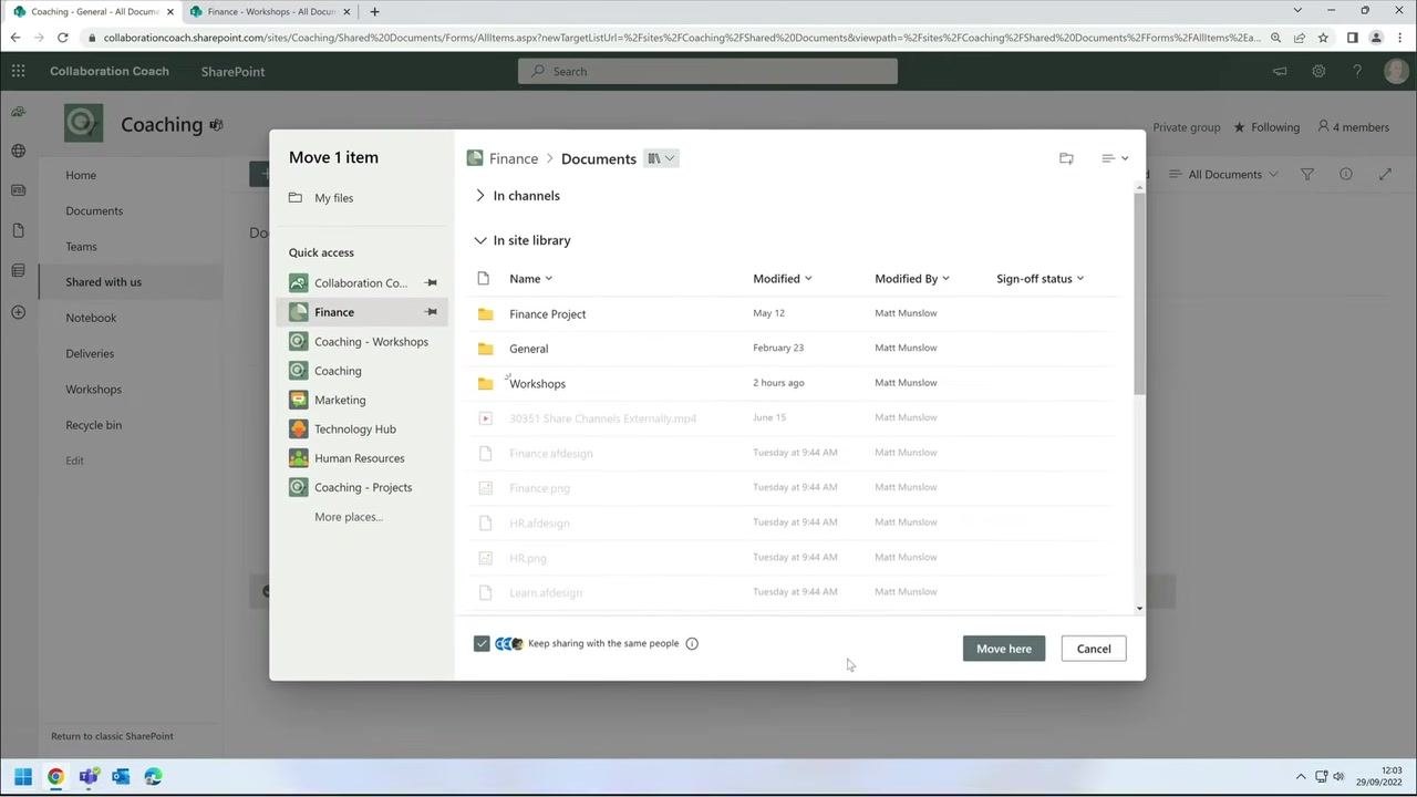 Move Item dialog open, Finance site selected, "Keep sharing with the same people" checkbox visible and checked