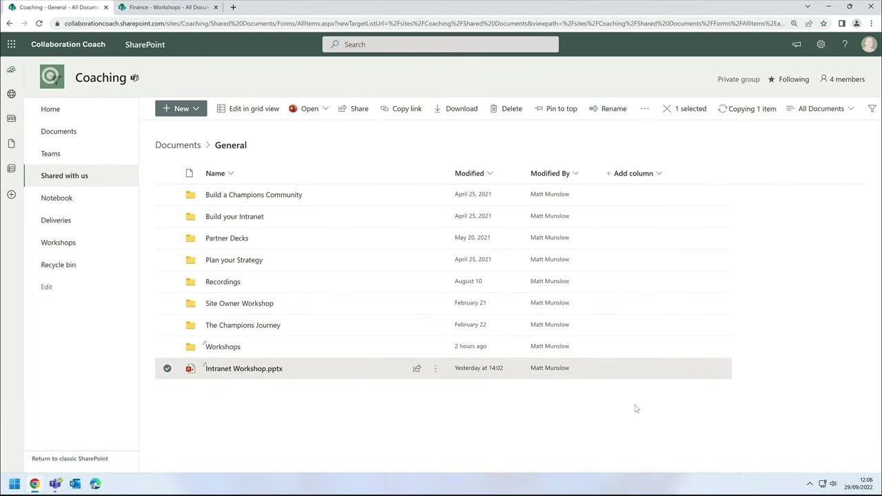 File "Intranet Workshop.pptx" visible in the Finance > Workshops folder, highlighted to indicate a successful copy