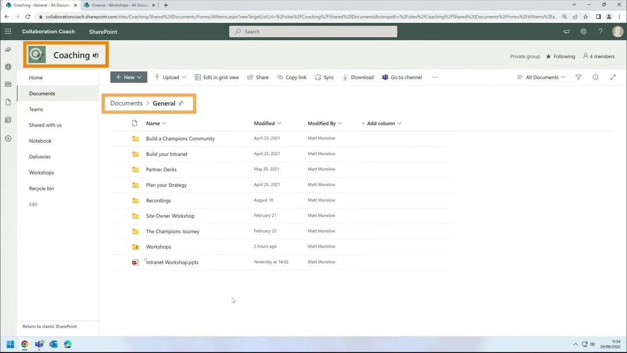 SharePoint Documents library open to the General folder, with site and folder highlighted