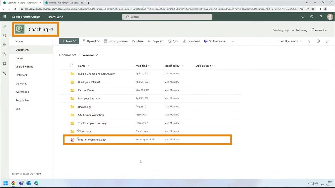 SharePoint Documents library open to the General folder, "Intranet Workshop.pptx" highlighted, Coaching site indicated