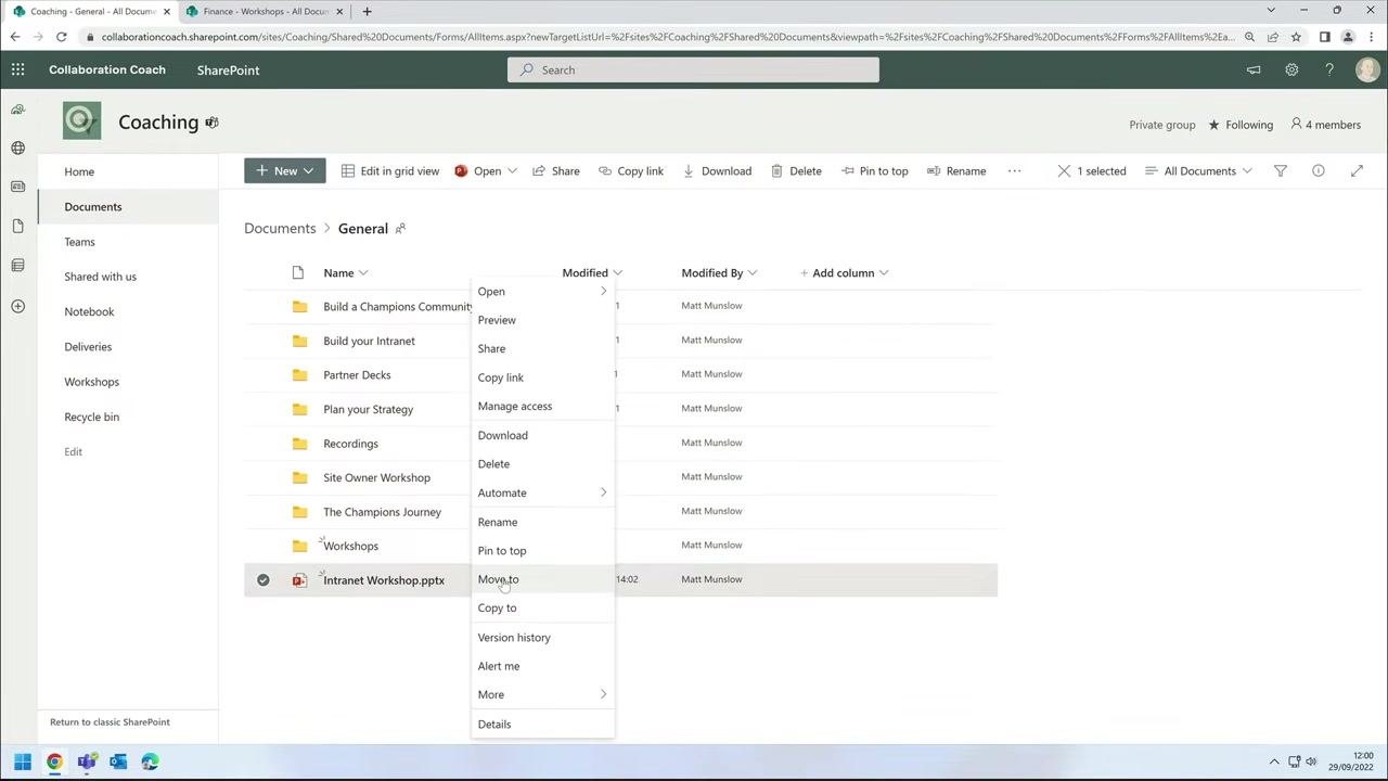 Context menu open on "Intranet Workshop.pptx", with "Move to" option highlighted
