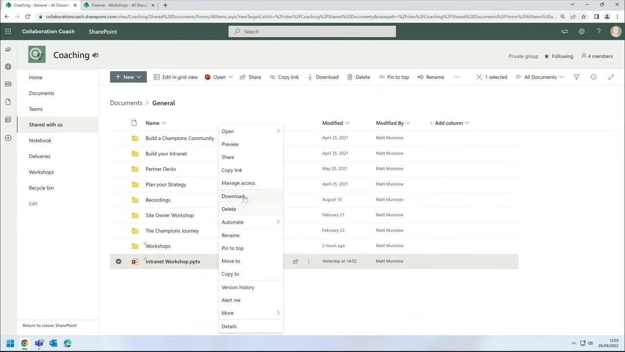 Manage access dialog open, showing Sarah and Coaching Owners with access to the file