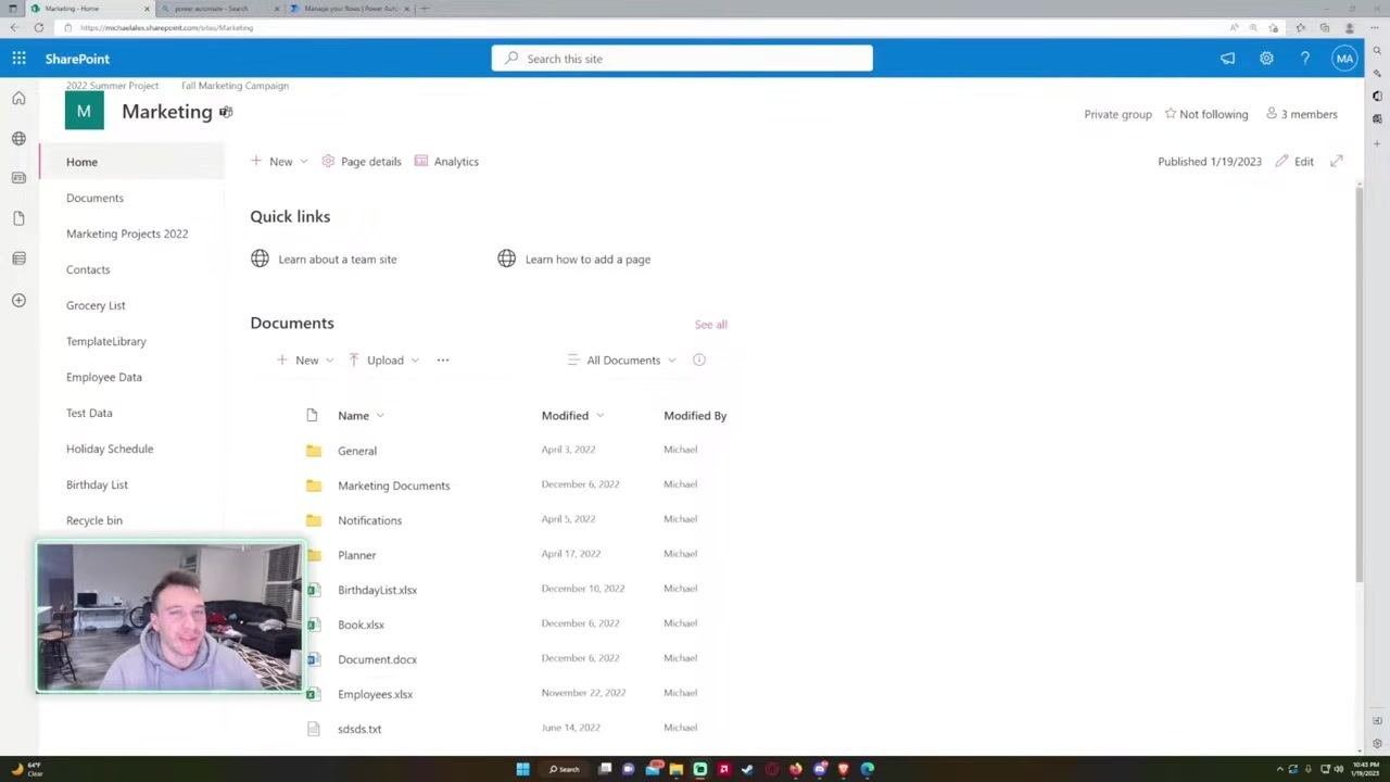 SharePoint homepage showing the left navigation bar, Quick links, and the Documents section in the main area.