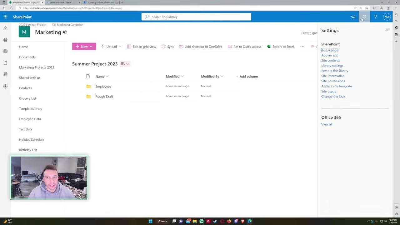 Settings panel open with the cogwheel icon selected and Site contents highlighted, while the main area shows the Summer Project 2023 library.