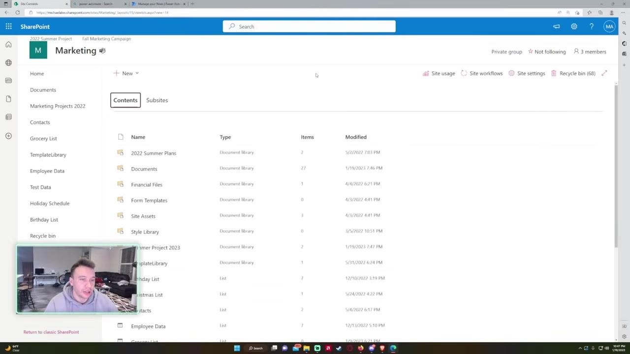 Site Contents page listing document libraries and lists, with columns for Name, Type, Items, and Modified.