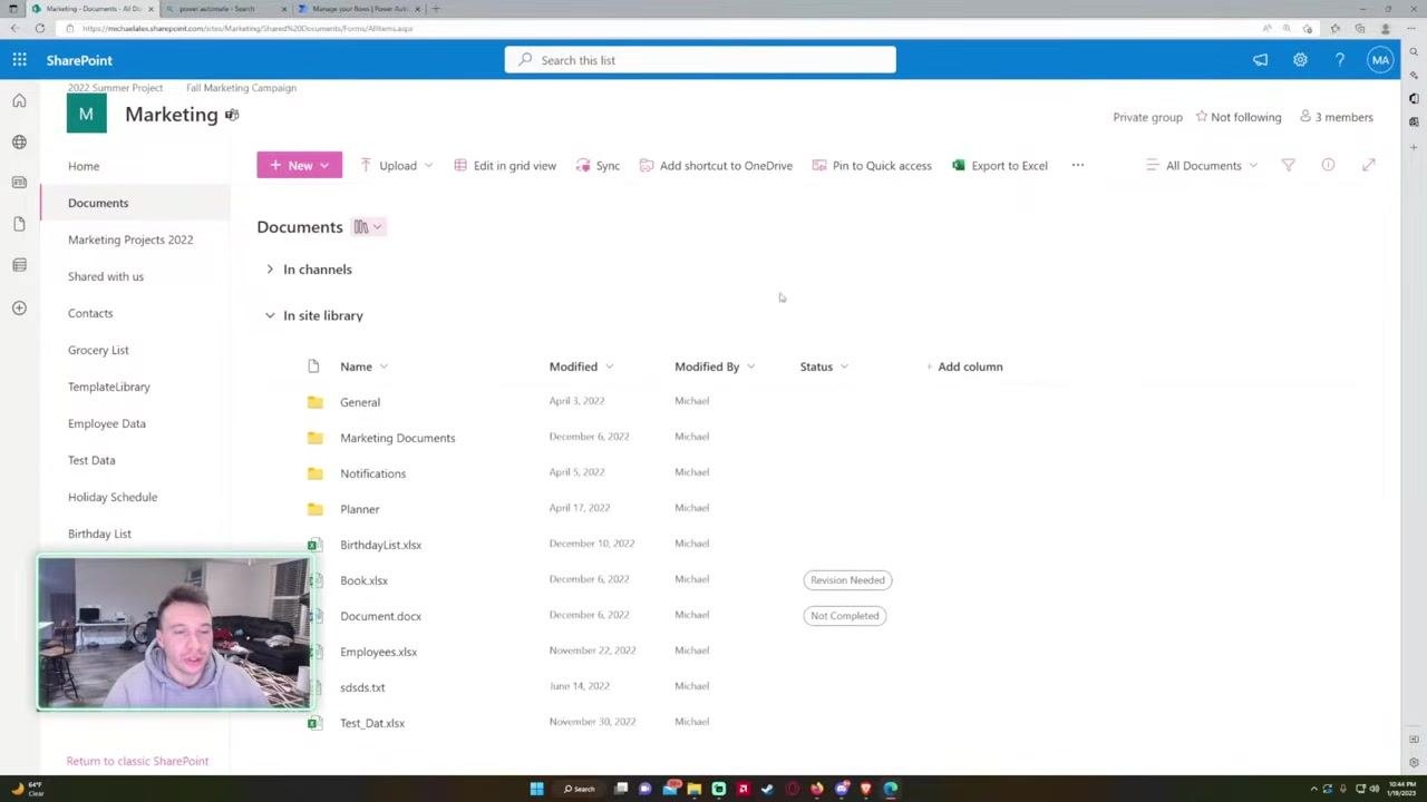 Documents library showing folders and files, with columns for Name, Modified, Modified By, and Status.