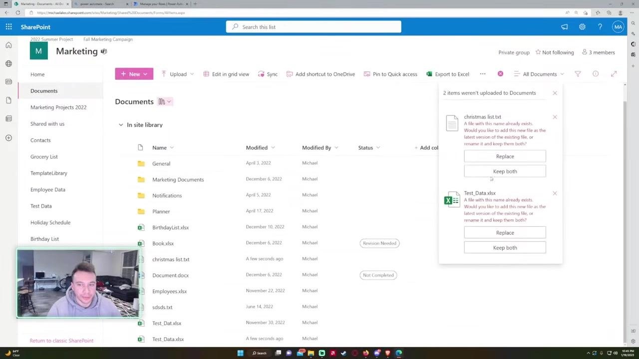 Duplicate file upload dialog with options to Replace or Keep both.