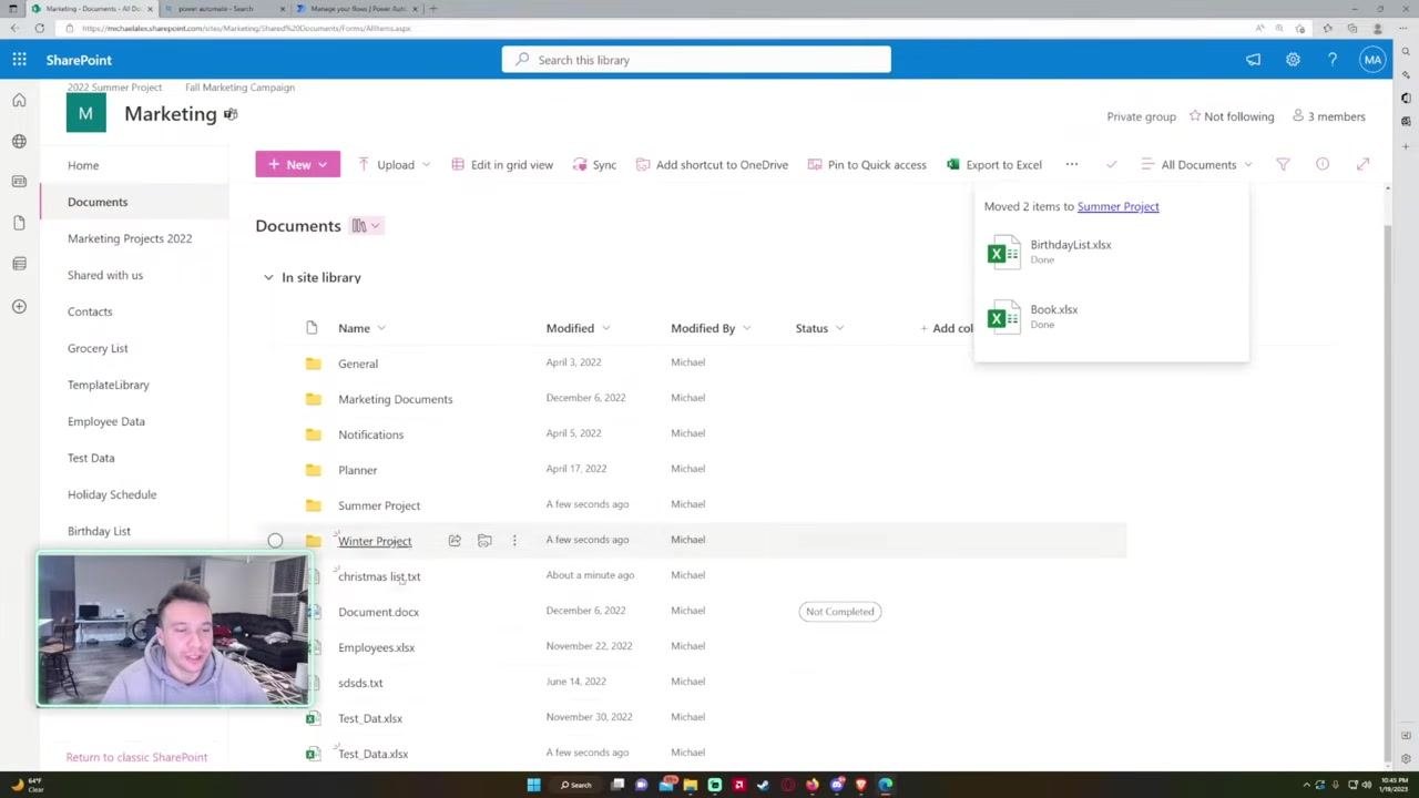 Notification confirming that files were moved to a project folder.