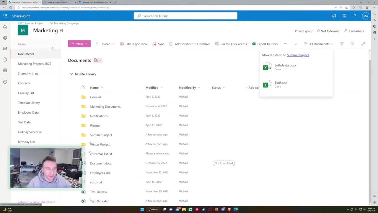 Create document library panel with fields for Name, Description, and navigation visibility.