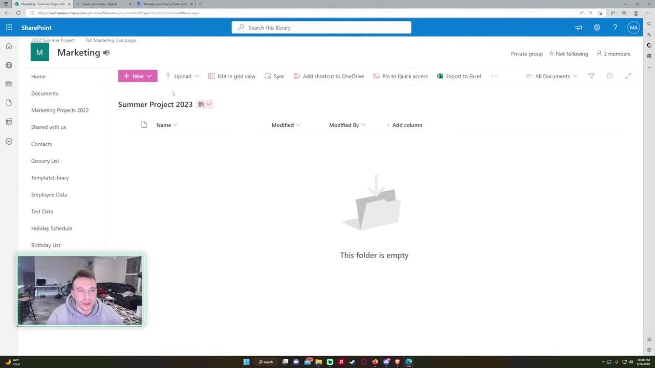 Empty "Summer Project 2023" document library, ready for new folders and files.