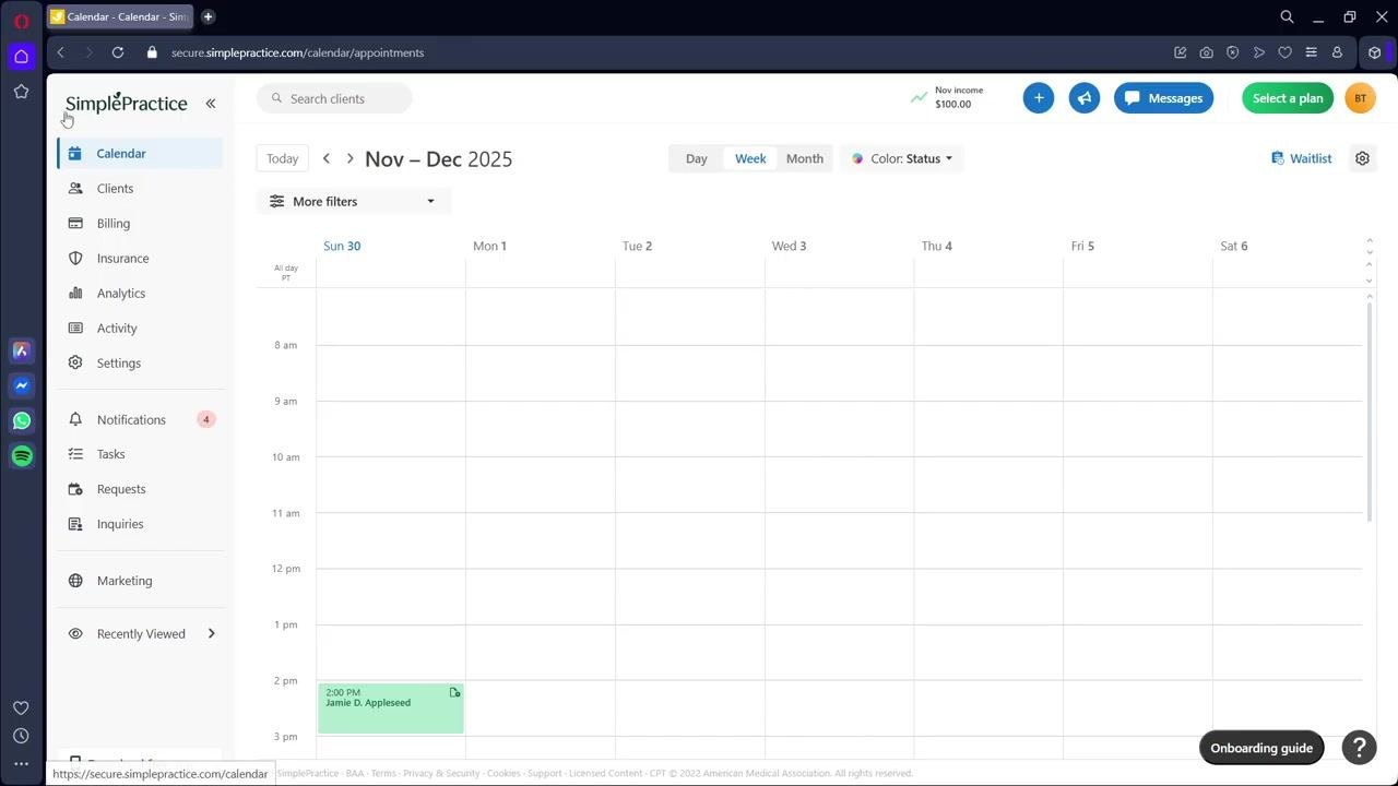 SimplePractice dashboard with sidebar menu showing options such as Calendar, Clients, Billing, and Insurance. The main area displays a weekly calendar view with an appointment for "Jamie D. Appleseed" at 2:00 PM on Sunday.