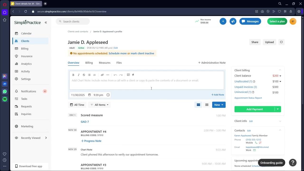 Clients and contacts screen showing a list of clients with names, status, contact information, and relationship. The cursor is hovering over "Jamie D. Appleseed".