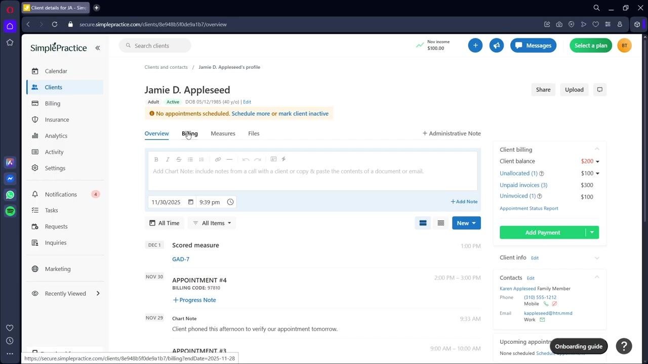 Client profile for Jamie D. Appleseed with tabs for Overview, Billing, Measures, and Files. The Billing tab is about to be selected.