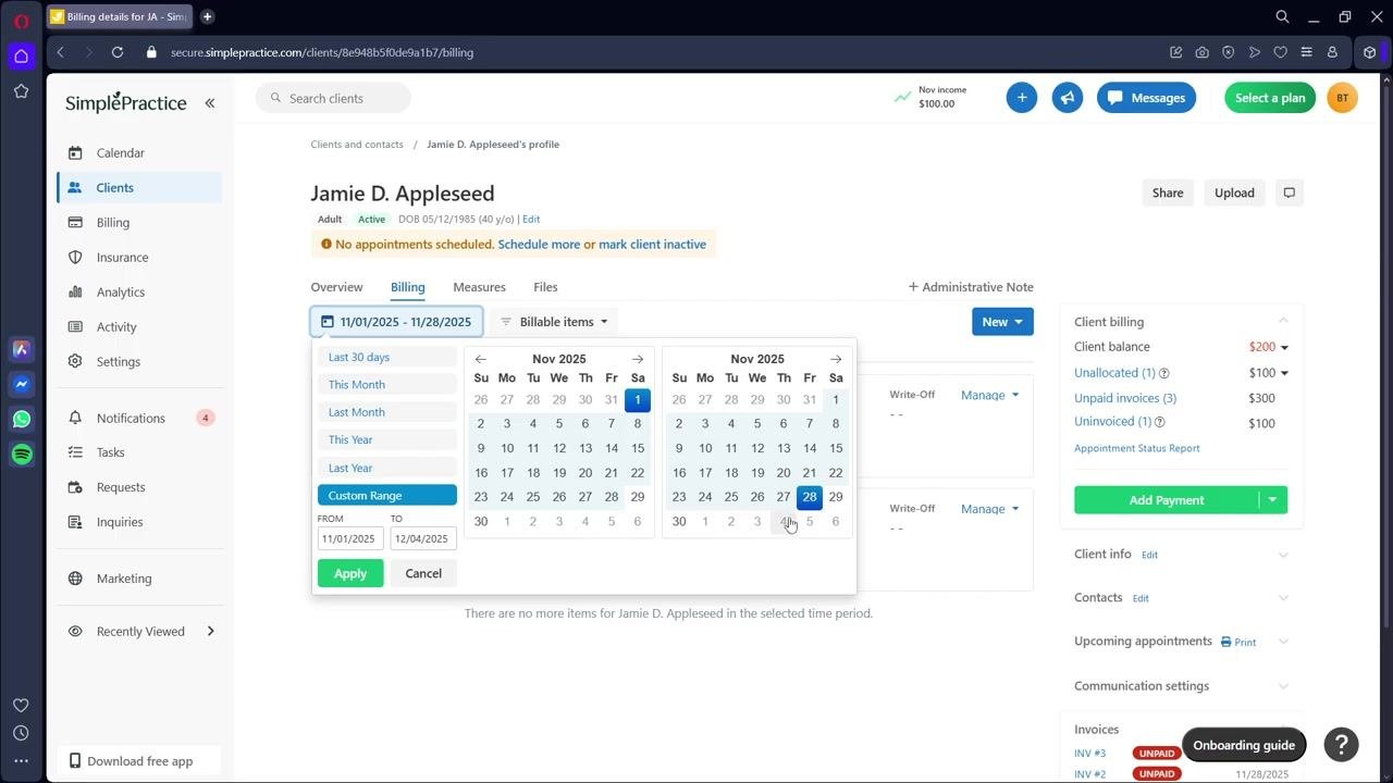 Billing tab with a date range selector open, showing a custom range being selected from November 1, 2025, to November 29, 2025.