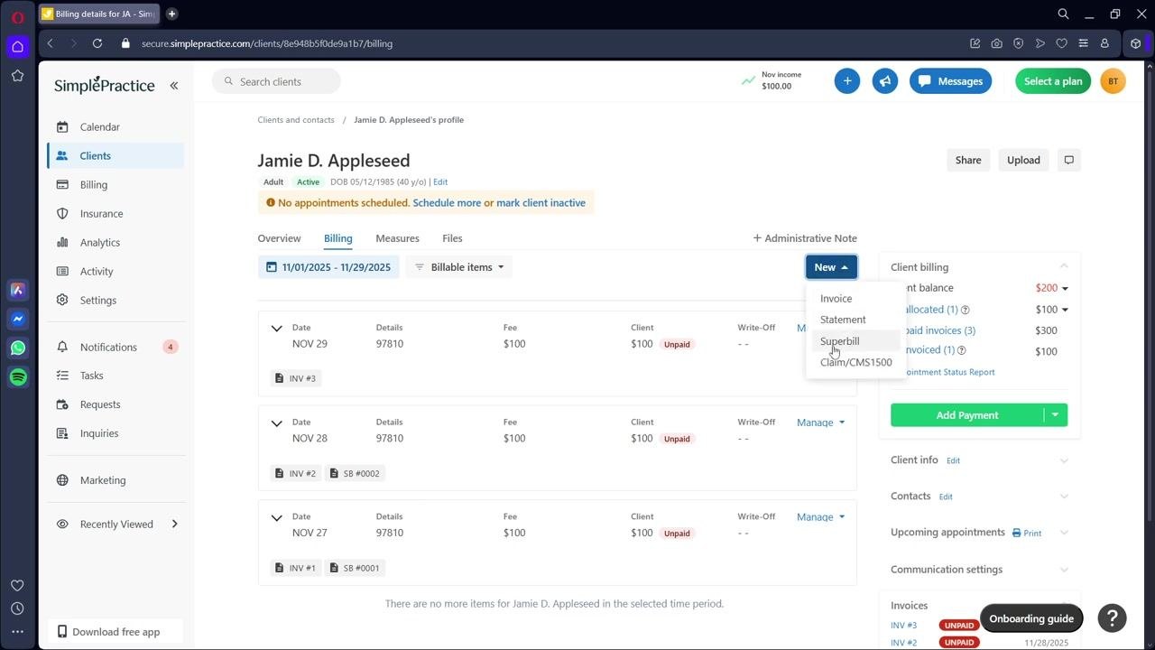 Billing tab showing a list of sessions with dates, codes, and fees. The "New" button dropdown is open, and "Superbill" is highlighted.