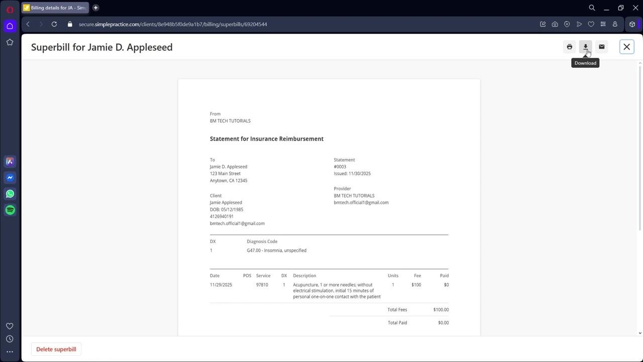 Superbill preview screen with the document ready for download or sharing. The "Delete superbill" button is visible at the bottom left.