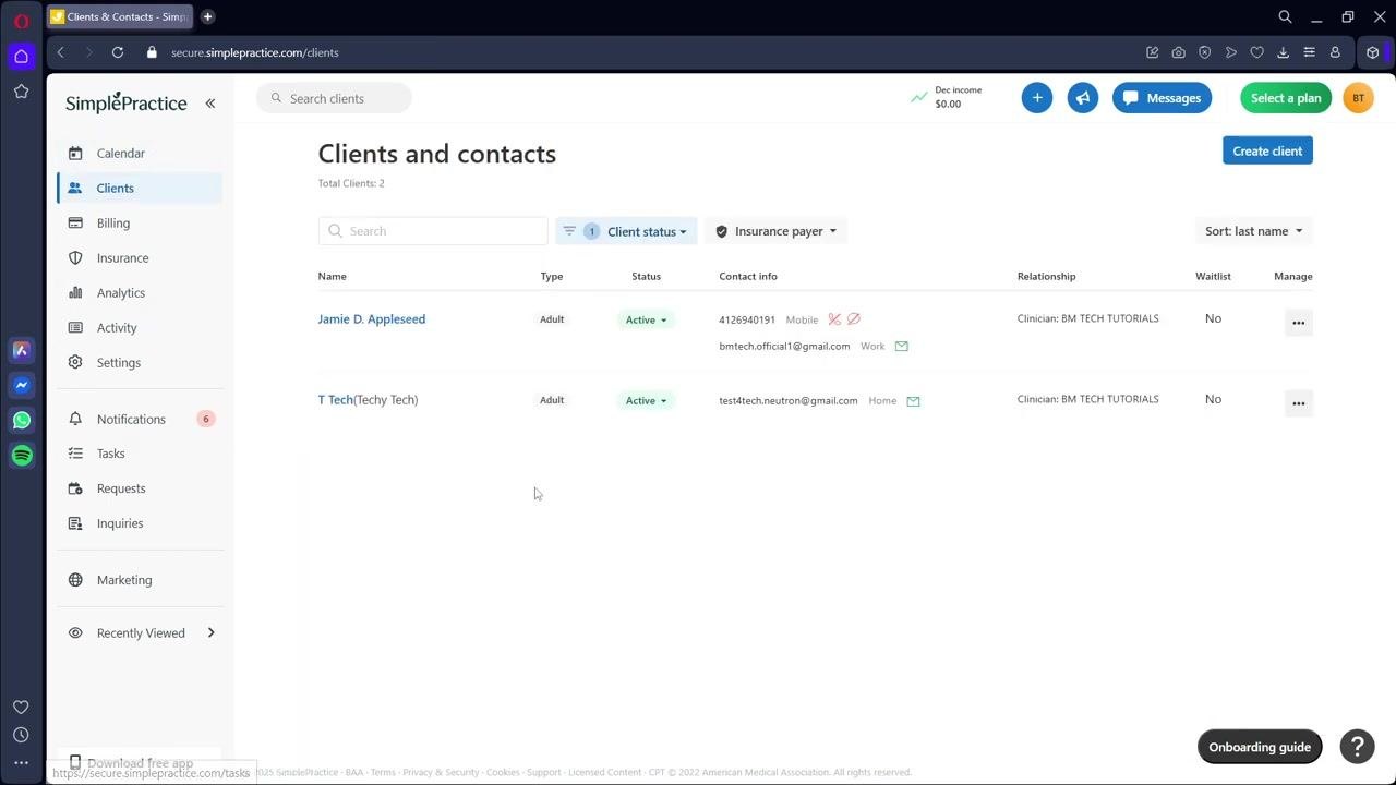 SimplePractice dashboard showing the calendar view and navigation sidebar