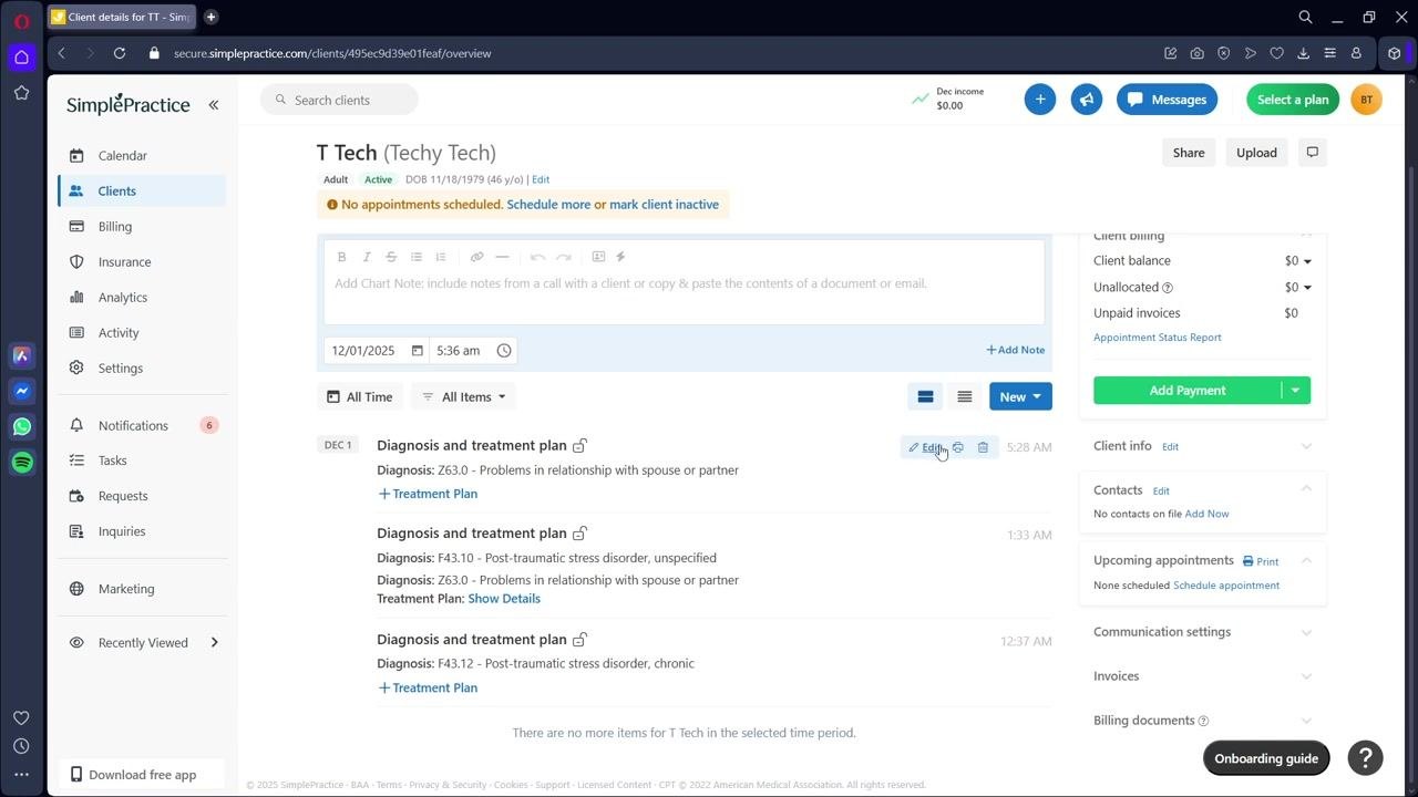 Cursor hovering over the Edit button for a diagnosis and treatment plan
