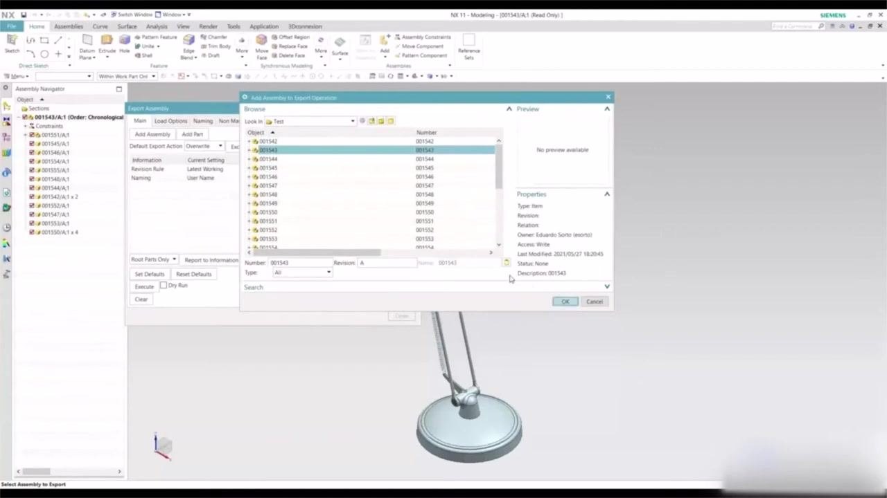 Export Assembly dialog open, with "Add Assembly" and other options visible