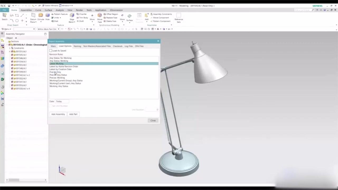 Export Assembly dialog in NX showing revision rule options, with "Latest Working" and "Precise Only" highlighted
