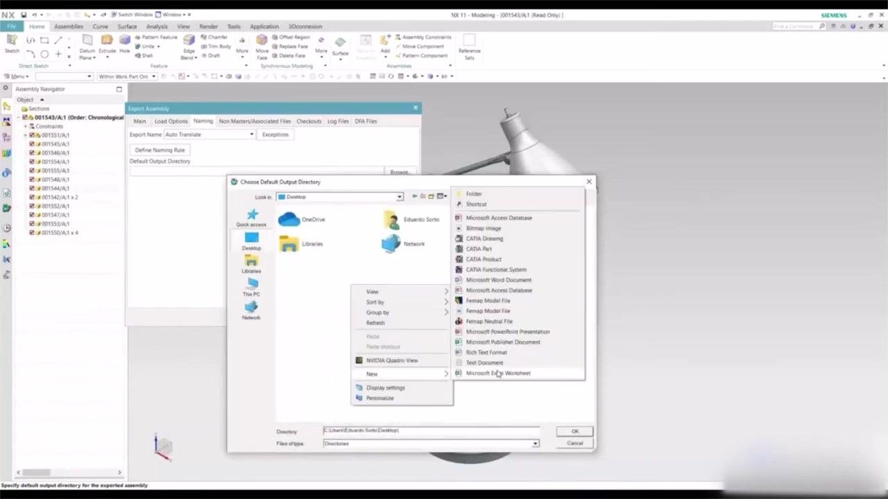 Naming tab open in Export Assembly dialog, showing Export Name set to "User Number" and Default Output set to "Auto Translate"