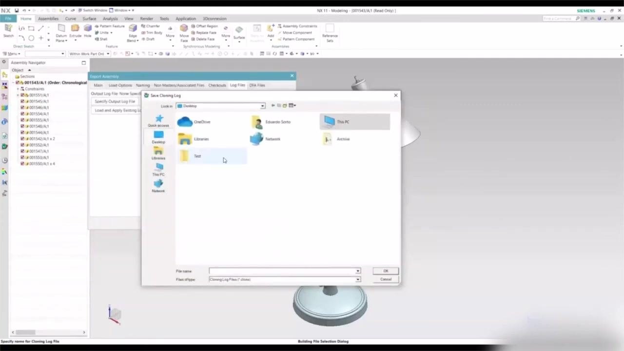 Export Assembly dialog, Checkouts tab open, "Check Out Exported Parts" option visible and unchecked