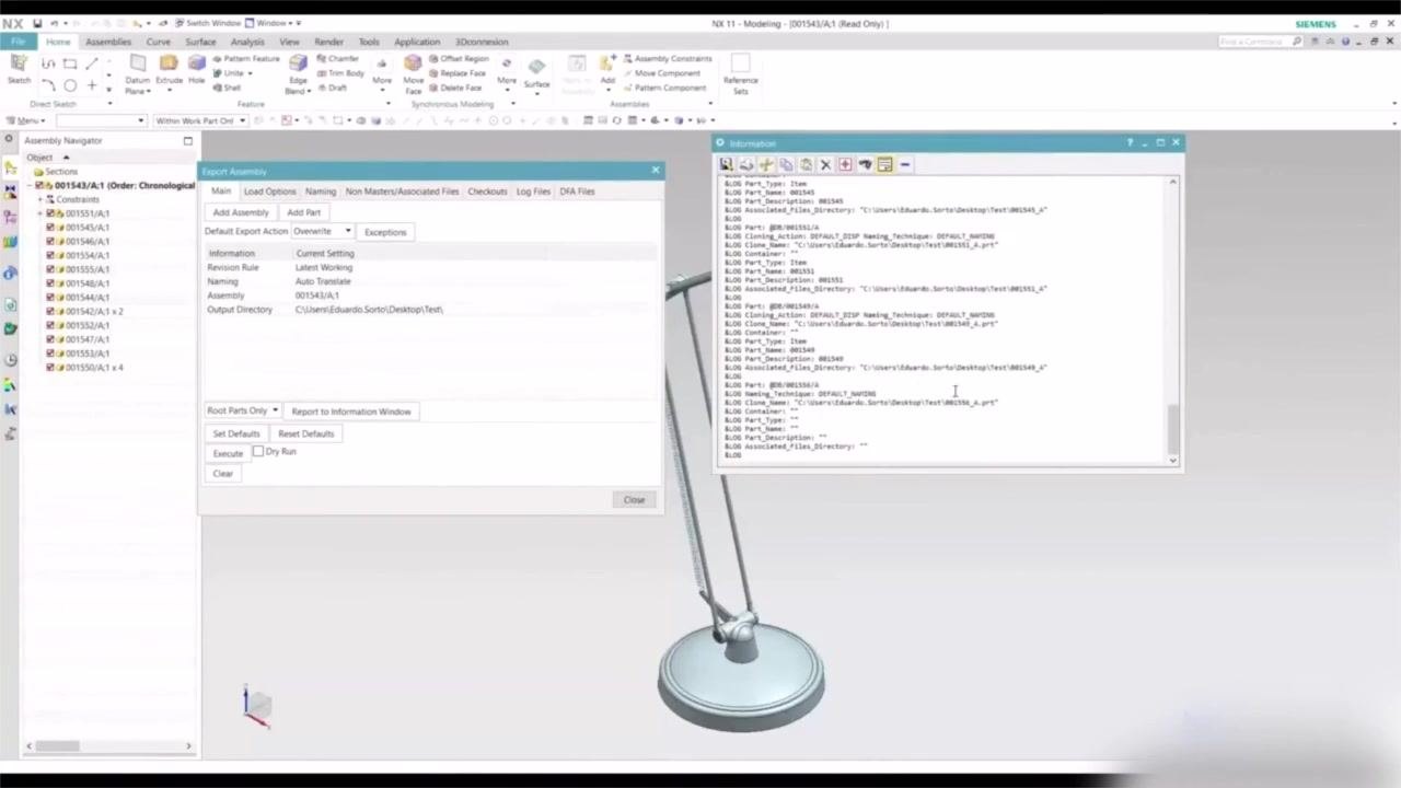 Export Assembly dialog, Main tab open, all export settings reviewed and ready for execution