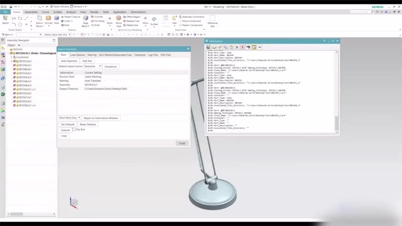 Windows File Explorer open to "Test" folder, showing exported Siemens Part Files with revision suffixes and the log file