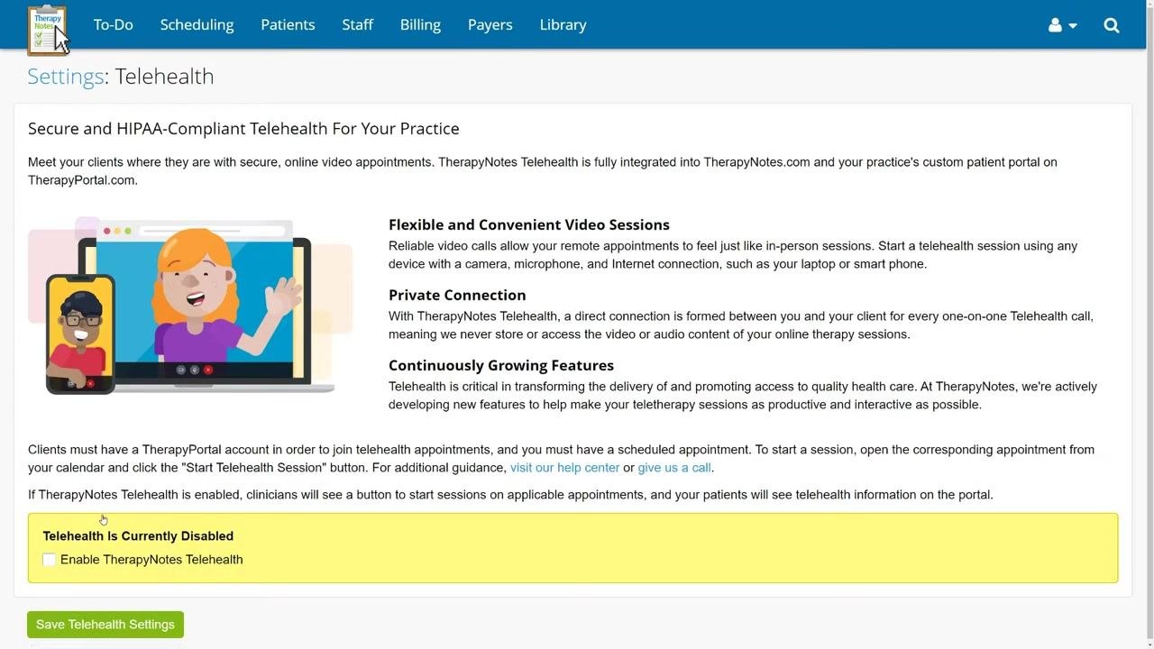 Telehealth settings page showing the "Enable TherapyNotes Telehealth" checkbox and "Save Telehealth Settings" button, with information about HIPAA compliance, video session features, and private connections.