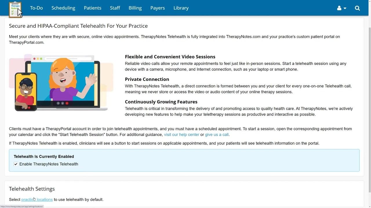 Create New Appointment dialog with fields for appointment type, patient, clinician, location, service code, scheduled time, duration, frequency, and a checkbox for "Use TherapyNotes Telehealth." Quick time selections are visible.