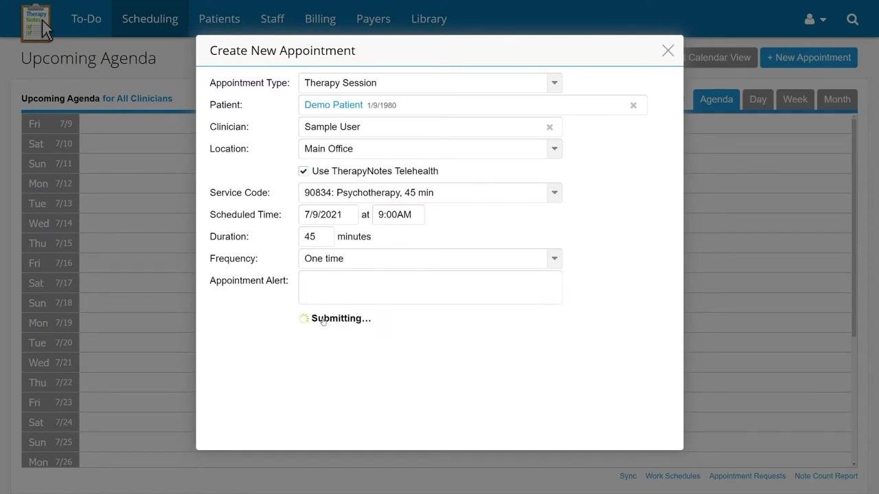Create New Appointment dialog displaying a "Submitting..." status while the appointment is being saved.