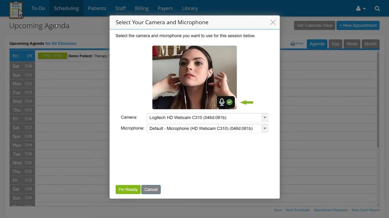 Telehealth session screen with the notification "Demo is ready for your session!" and a "Start Session" button. The control tray shows camera, microphone, screen share, and end session icons.
