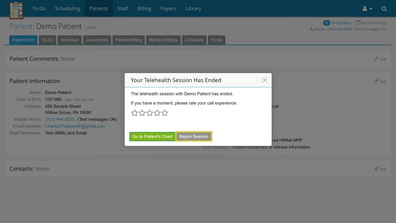 Contact information for TherapyNotes support, including phone number, email address, and support hours, shown with the TherapyNotes logo and a clipboard graphic.