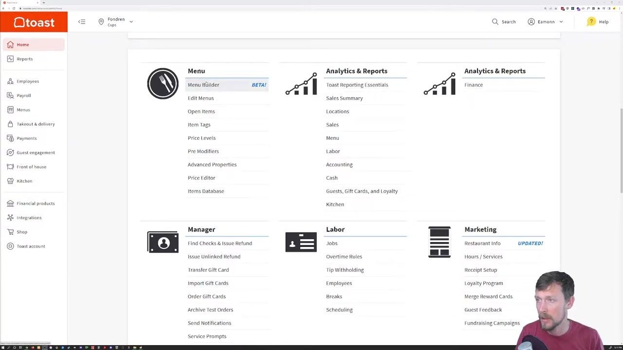 Toast admin dashboard with a navigation sidebar and main management categories: Menu, Analytics & Reports, Manager, Labor, Marketing. "Menu Builder" is marked BETA, with "Edit Menus" listed below it.