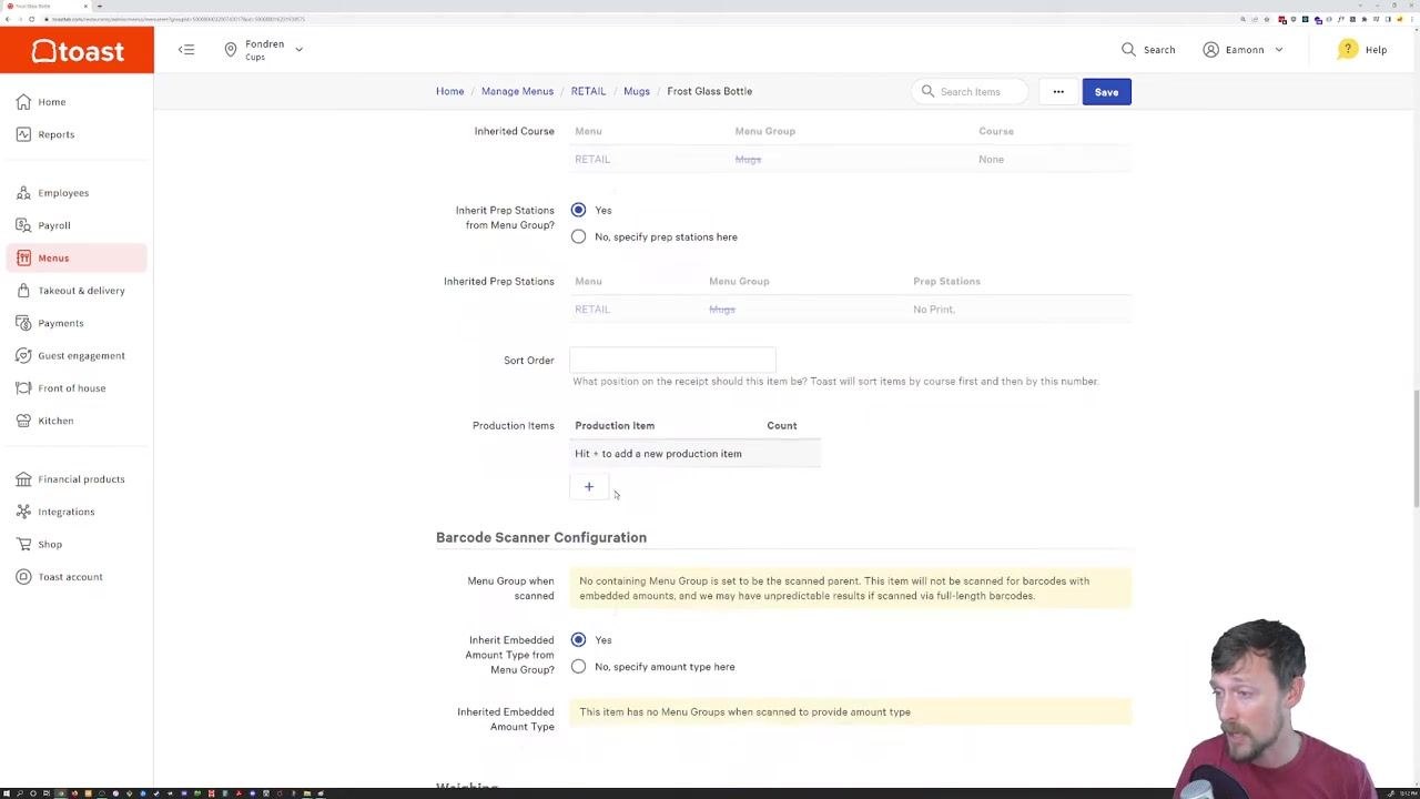Toast item details screen showing image selection, visibility options, and tag management, with the "Choose Image" button and visibility checkboxes visible.