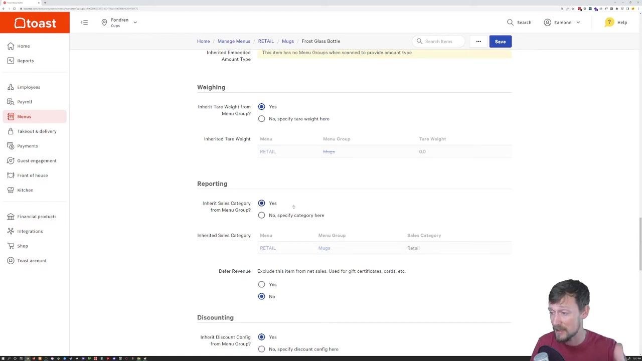 Advanced item configuration in Toast, including production items, barcode scanner, weighing, reporting, discounting, and taxes, with most options set to inherit from the menu group.
