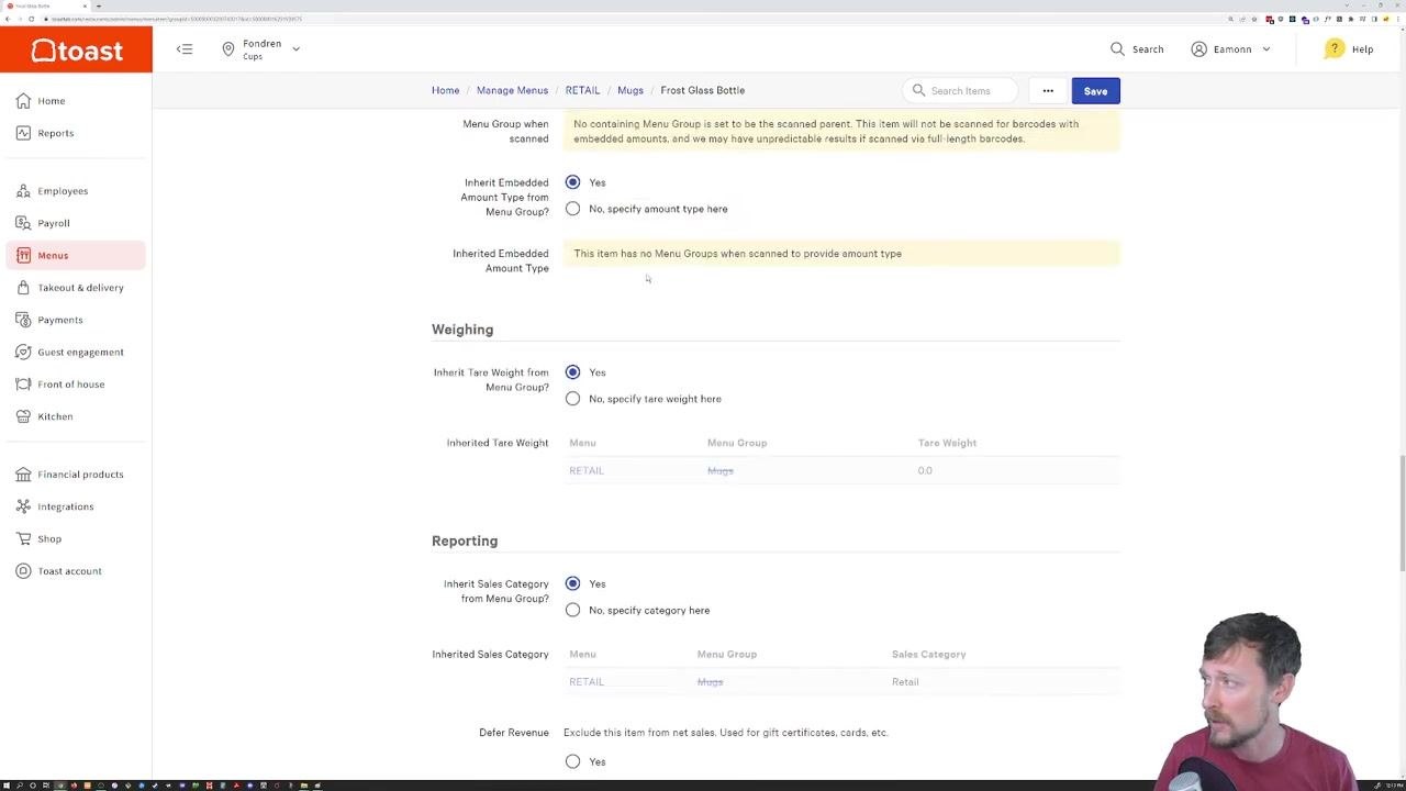 Toast confirmation banner reading "Menu item saved successfully. Publish Now," showing item details for "Frost Glass Bottle" and its pricing options.