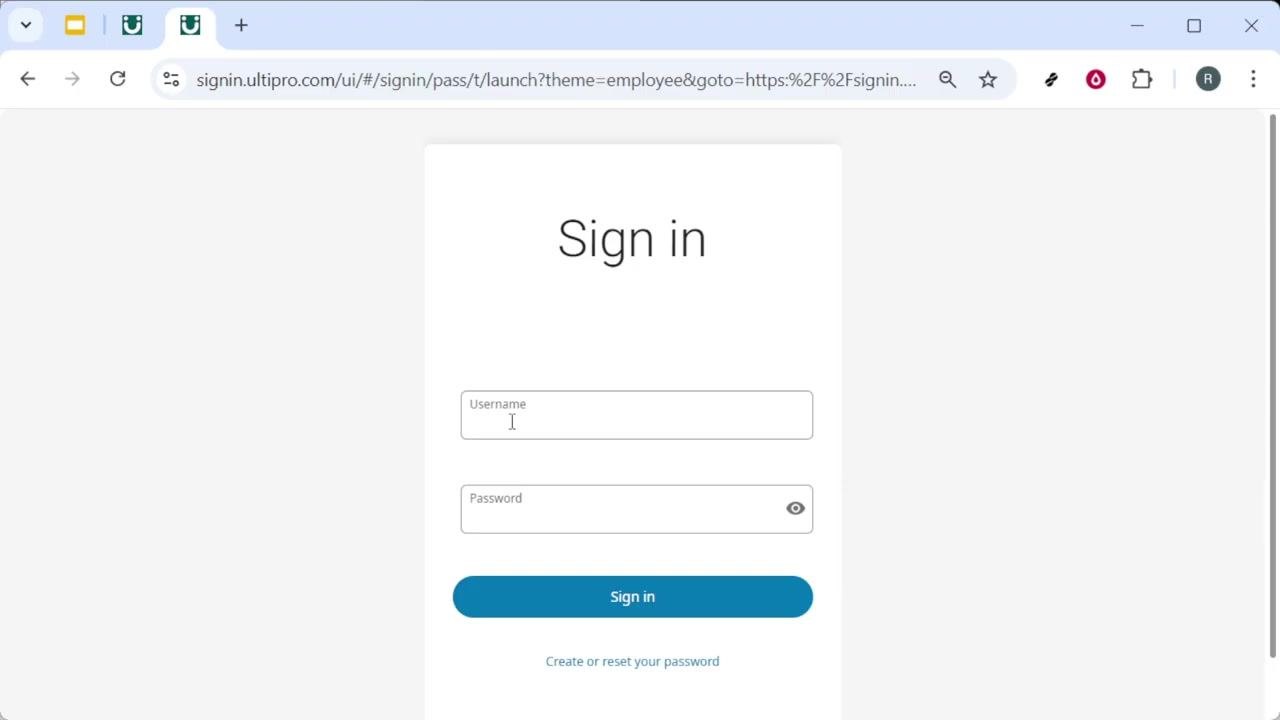 UKG Pro secure sign-in screen with Username and Password fields, a Sign in button, and a link to create or reset your password. The browser address bar shows 'signin.ultipro.com'.