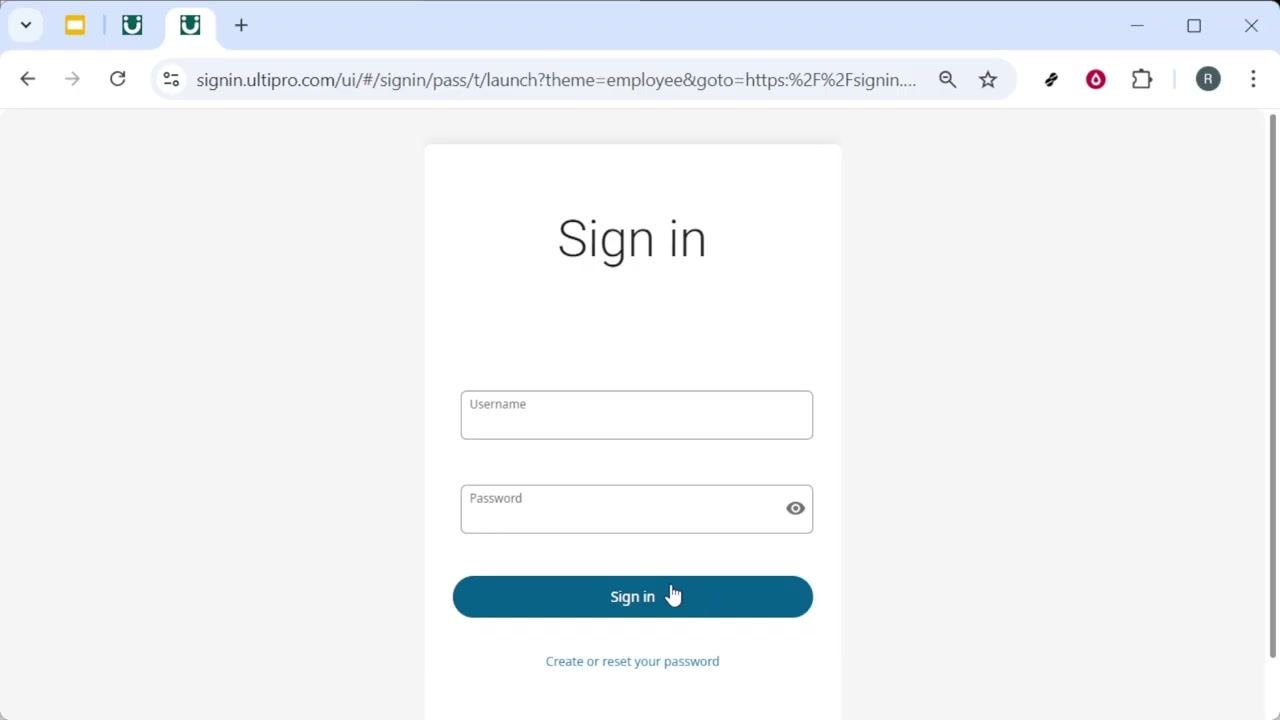 UKG Pro secure sign-in screen with Username and Password fields, a Sign in button, and a link to create or reset your password. No credentials are entered, and the cursor rests over the Sign in button.