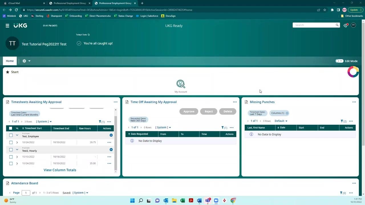 UKG dashboard showing the "Timesheets Awaiting My Approval" section with listed employee timesheets, alongside "Time Off Awaiting My Approval" and "Missing Punches" sections