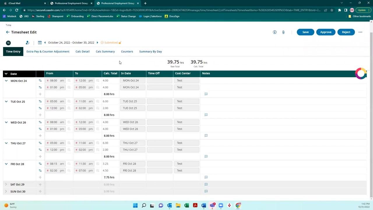 Detailed timesheet view with daily time entries, calculated totals, cost center, and notes for each day
